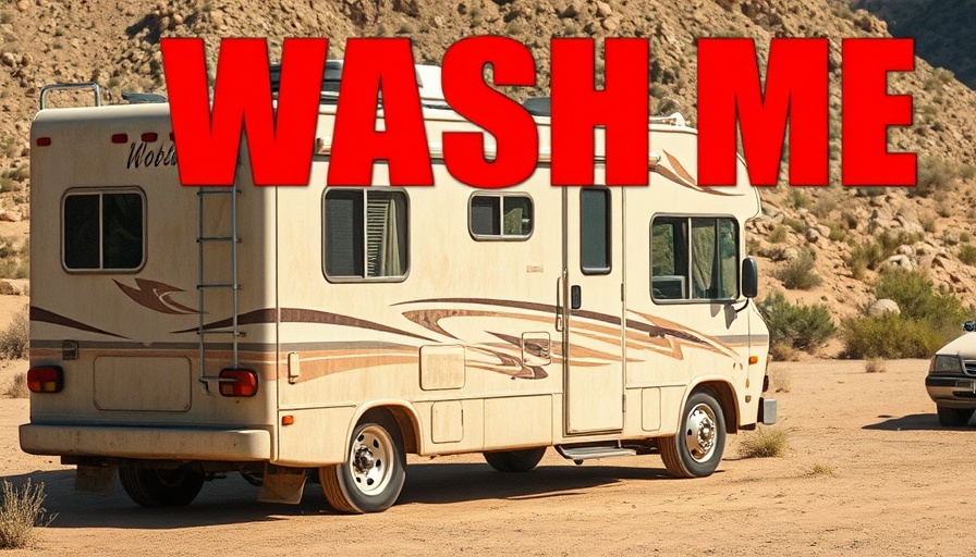 Dusty RV with 'WASH ME' text and man holding cleaner in desert.