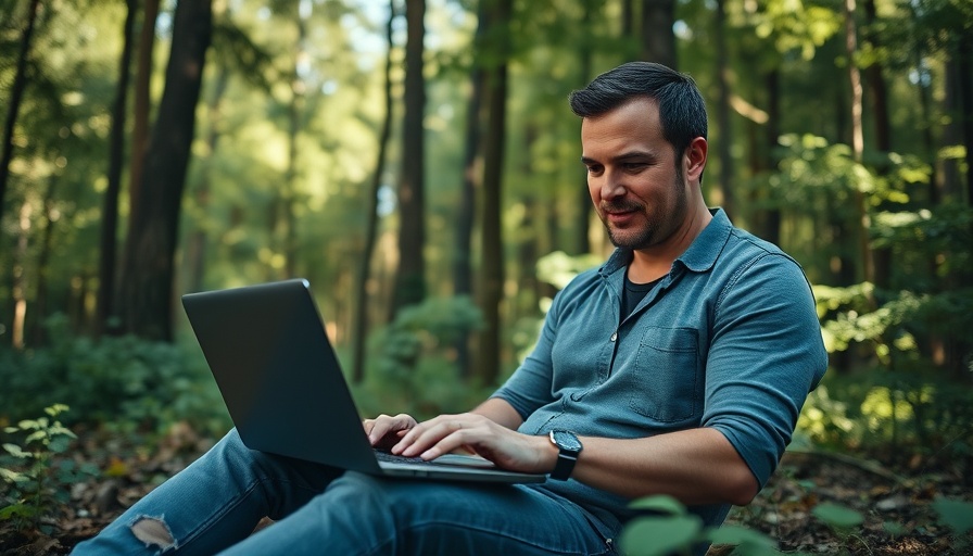 Man outdoors with laptop in forest for Cody and Kellie daily routine adventure.
