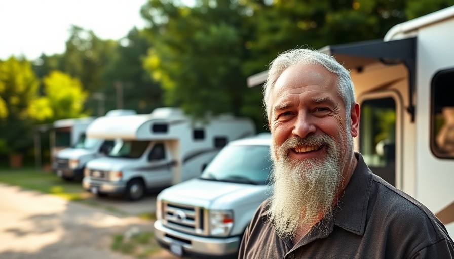 Mature man smiling at campground with RVs and truck