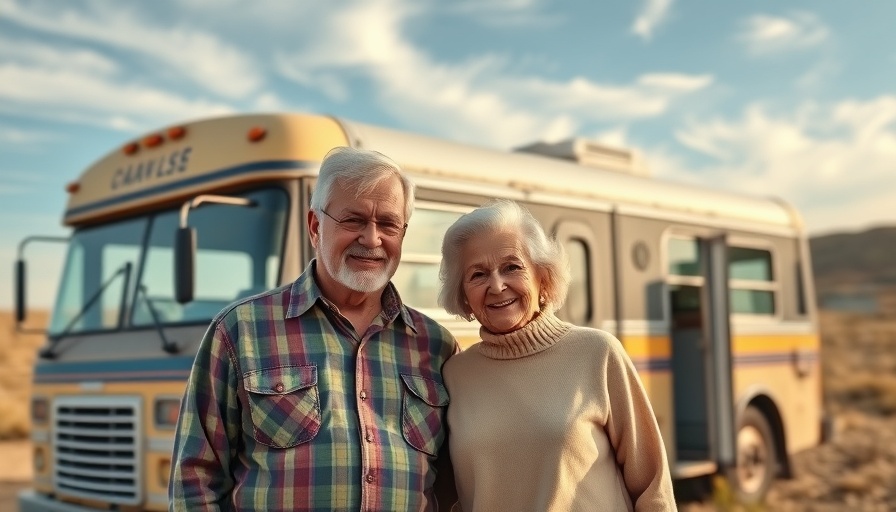 Elderly couple smiling in front of converted bus under blue sky, living comfortably on $1,300 monthly Social Security.