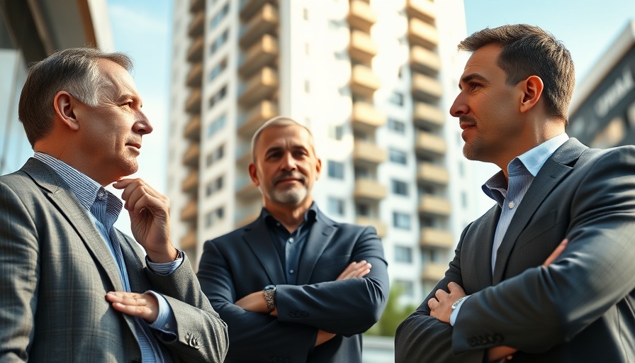 Men discussing turning hotels into homes with a building backdrop.