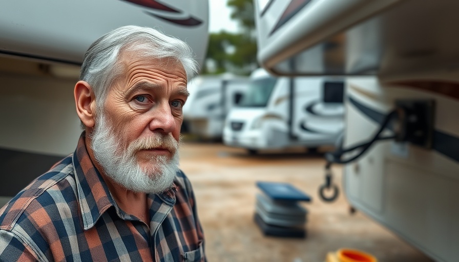Travel Day Trouble: Man examining RV hitch with a puzzled look.