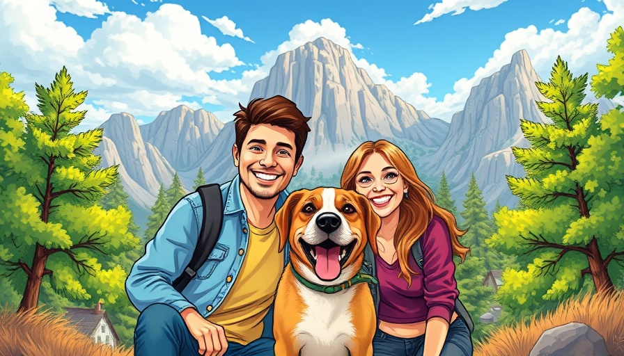 Cartoon couple and dog enjoying RV lifestyle and traveling in nature