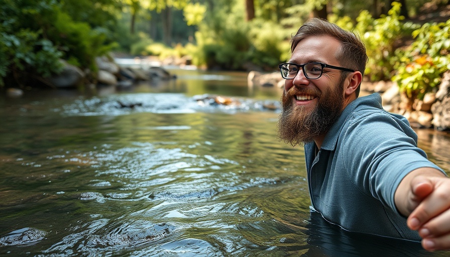Man and woman enjoying a serene, secret creek off grid, lush forest.