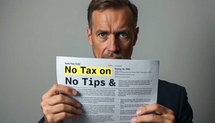 Serious man examines document labeled 'No Tax on Tips & Overtime.'