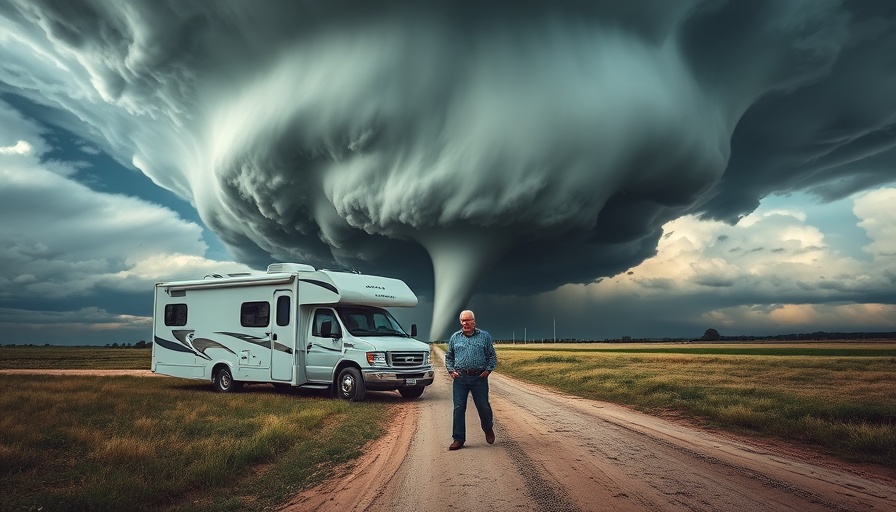 Stay Safe in Storms While Camping: Older man with RV near tornado.