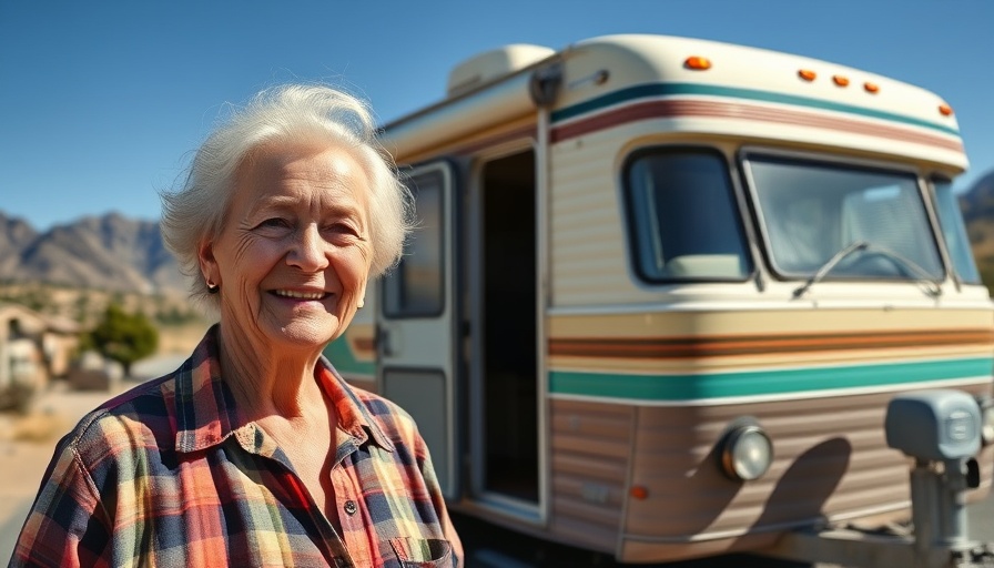 Elderly woman beside vintage RV, illustrating affordable RV lifestyle.