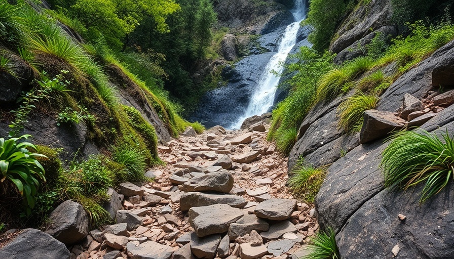 Arkansas Falls Adventure Travel: Serene trail with waterfall.