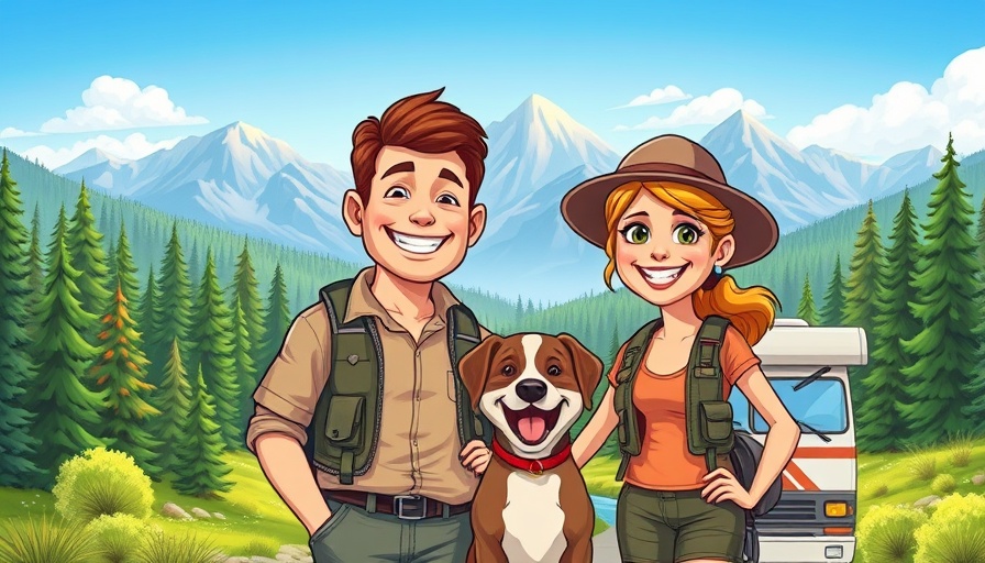 Cartoon couple with dog enjoying RV lifestyle in nature.