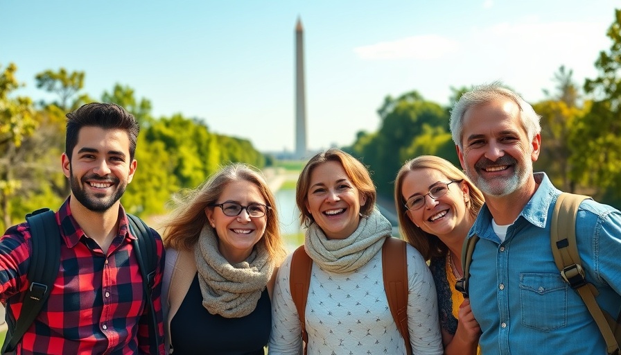 RV families exploring Washington D.C. with smiles in front of the Washington Monument.