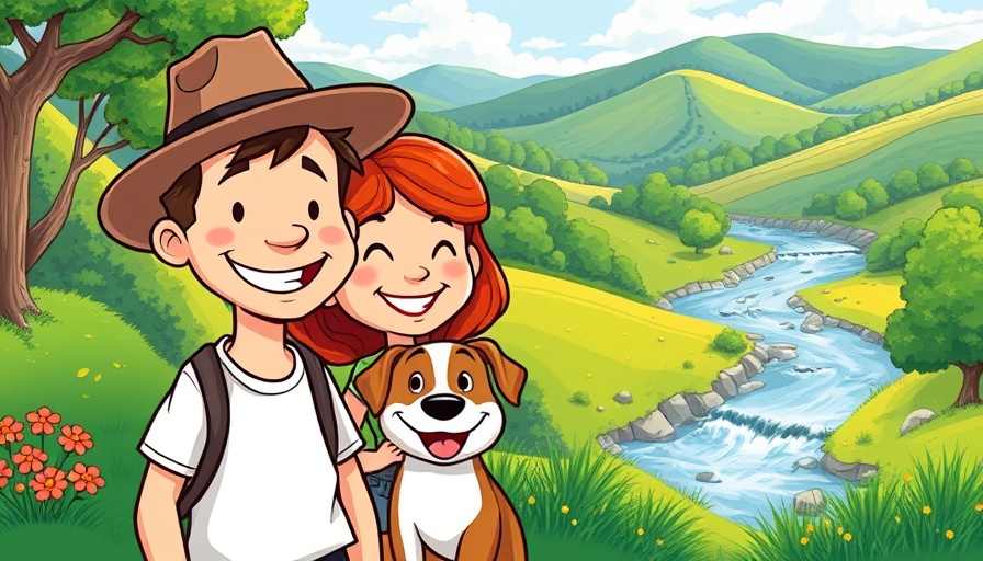 Cartoon figures with a dog in nature, RV lifestyle adventure tips.