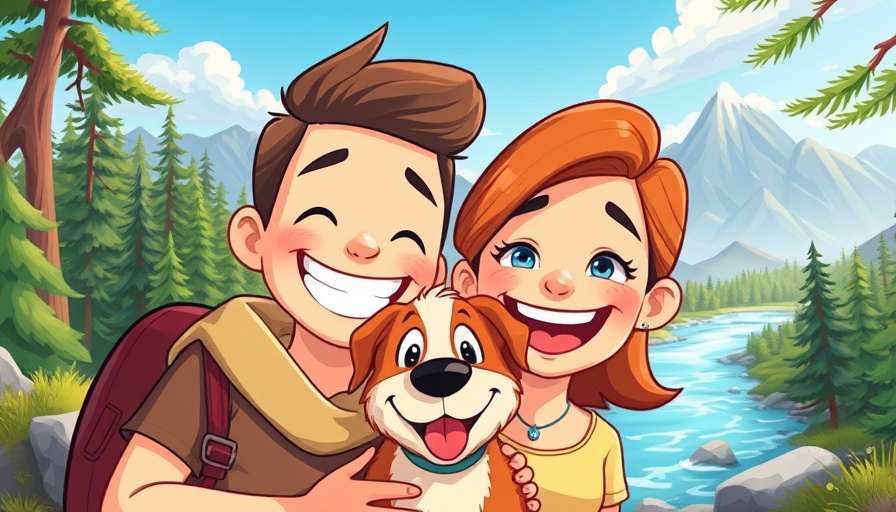Cartoon couple and dog enjoying RV lifestyle in nature.