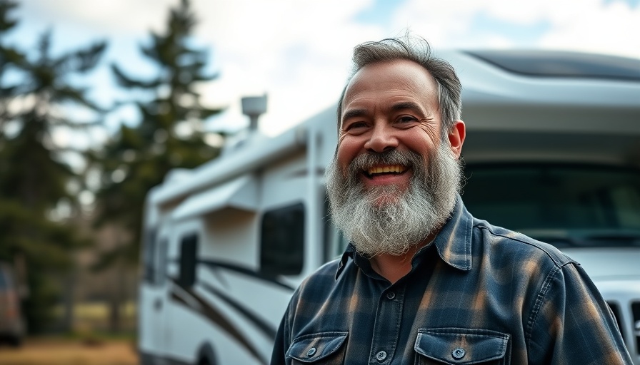 Joyful man RVing with Family, standing beside modern camper truck.