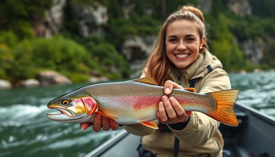 Trout fishing on the White River with a happy woman holding a trout in a scenic boat setting.