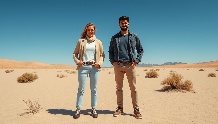 Two people embracing the affordable RV lifestyle in a desert setting.