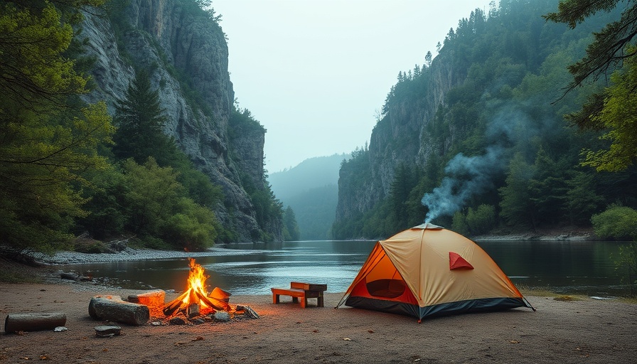 Buffalo River adventure campsite with tent by 500 ft bluff