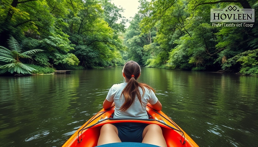 Kayak Camping the Buffalo River with lush greenery and calm waters.