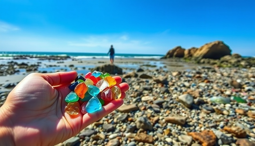 RV life coastal scene with colorful sea glass and vast beach.