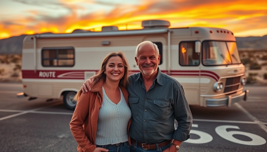 Great American Road Trip with RV on Route 66 at sunset.