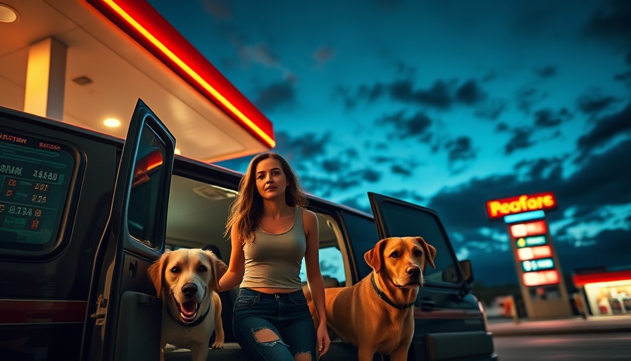 Van life in extreme heat with a woman and dogs at night gas station.
