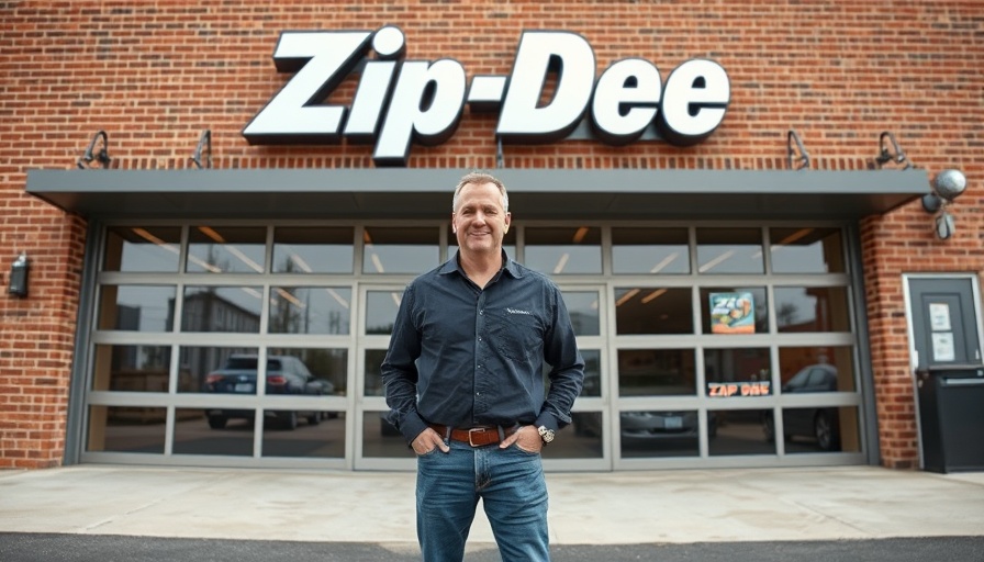 Zip Dee Awnings sign with man standing in front, industrial setting.