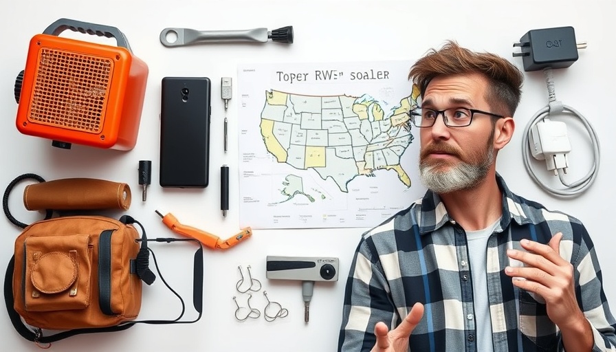 Variety of essential RV gear 2025 and a man pointing.