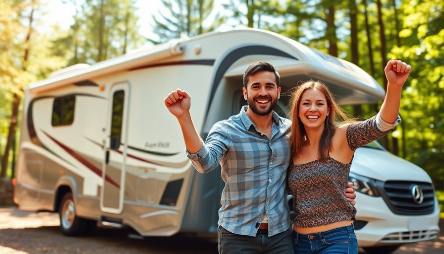 Couple showcasing 2025 Cape Cod motorhome in a scenic setting
