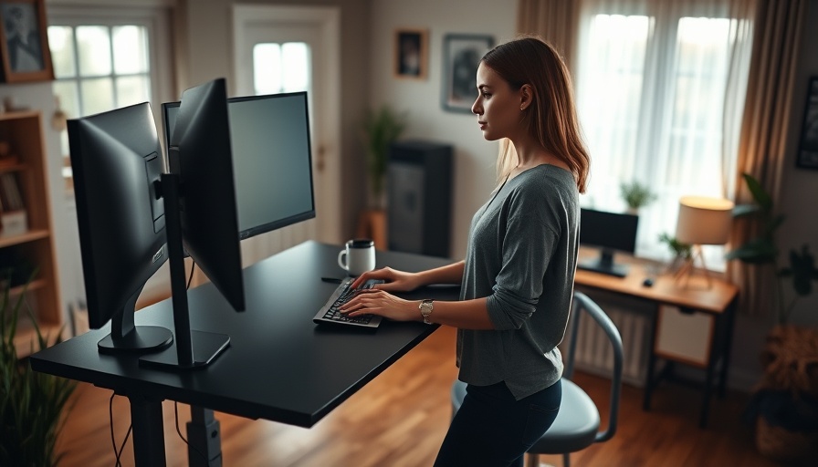 Woman using adjustable standing desk for focused studying.