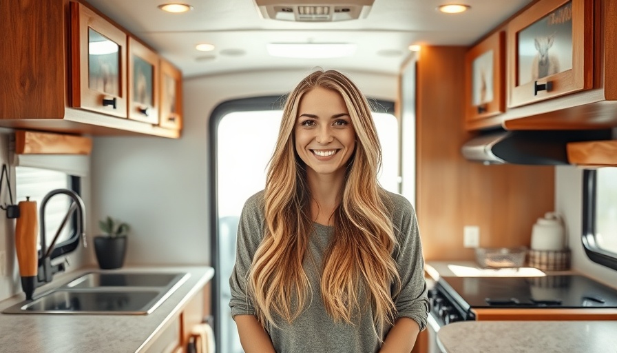 Casually dressed woman enjoying RV lifestyle home base interior.