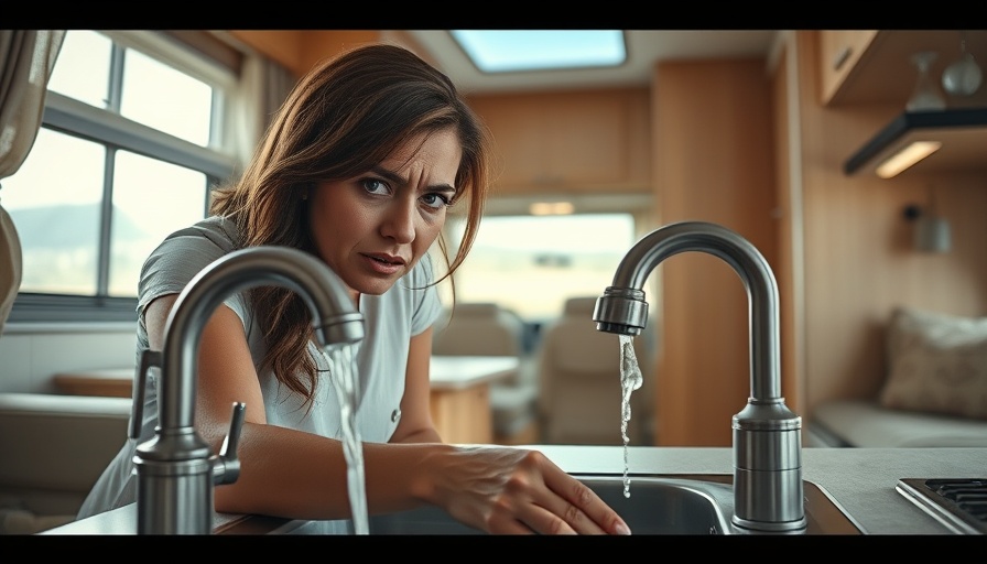 Woman examining RV sink faucet, highlighting rv water safety tips.