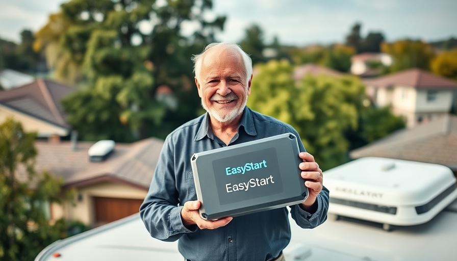 Elderly man installing EasyStart Breeze on RV rooftop, suburban backdrop.