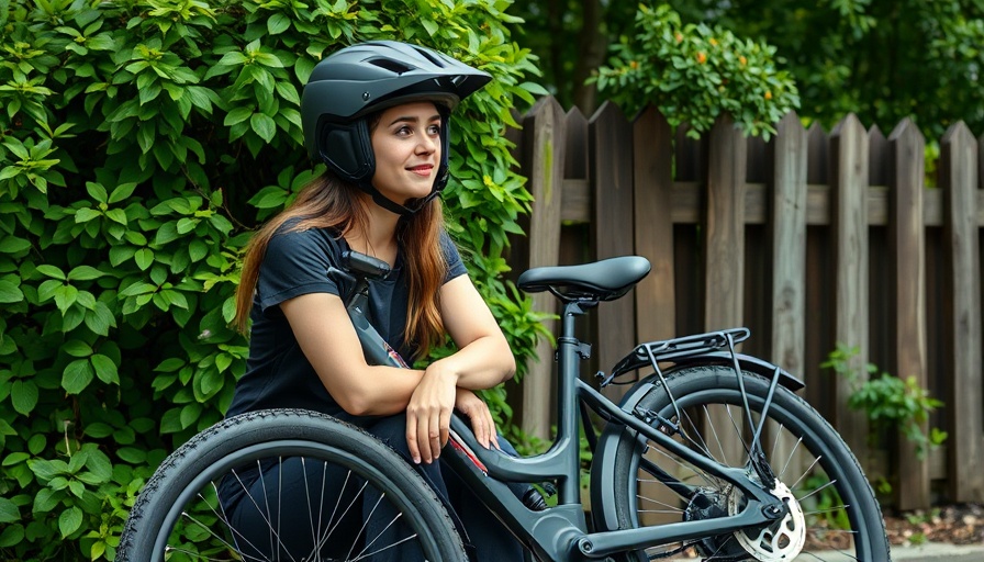 Woman with helmet beside e-bike in natural setting for RV living.