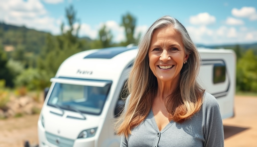 Smiling woman showcasing an affordable RV lifestyle.