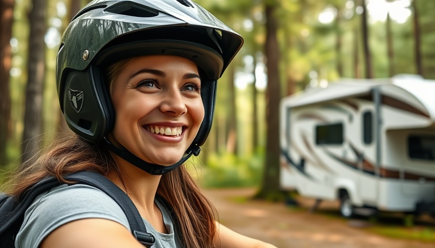 RV life for beginners: Woman smiling in forest RV park.