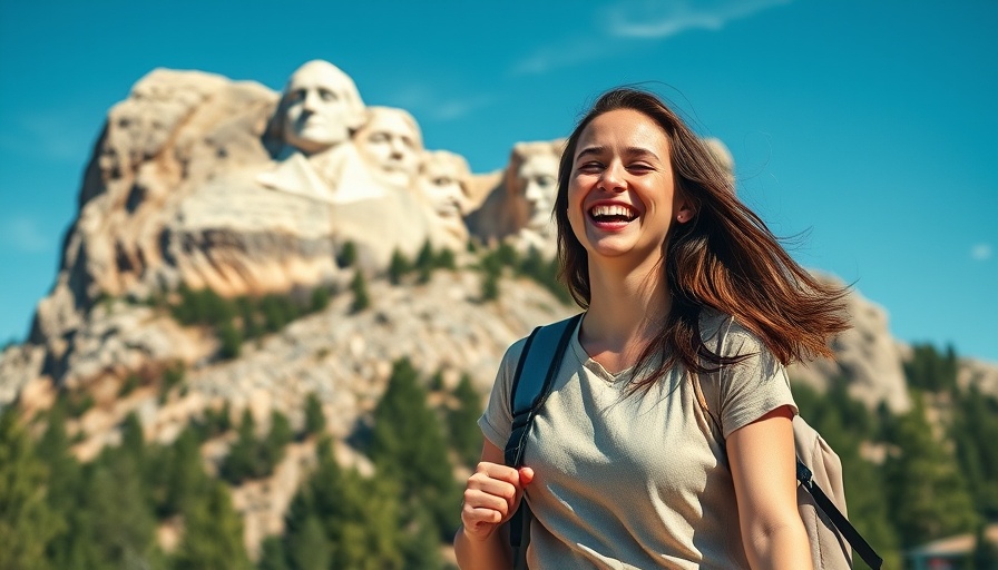 Smiling woman at Mount Rushmore RV Adventure under clear blue skies.