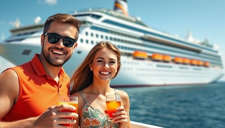 Couple enjoying drinks in front of Norwegian Joy cruise ship, Alaskan cruise tips
