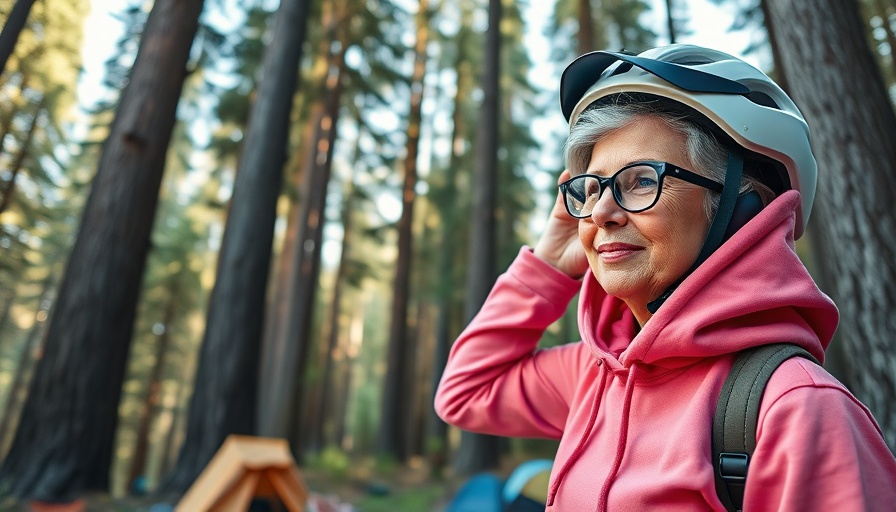 Woman outdoors adjusting helmet during RV trip, Mt. Vernon.