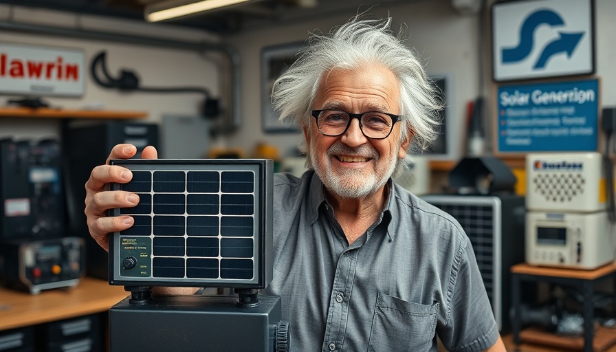 Elderly man showcasing solar generator for RVs in workshop.