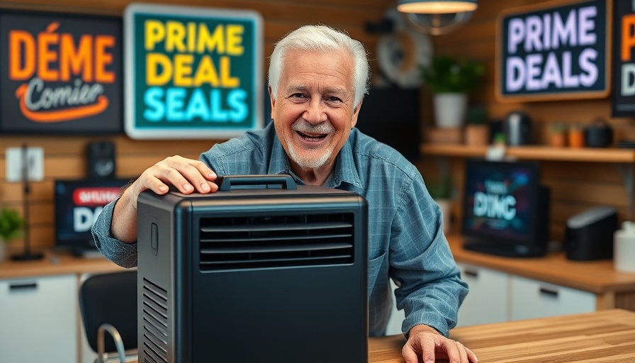 Man showcasing portable A/C unit for RV living deals.