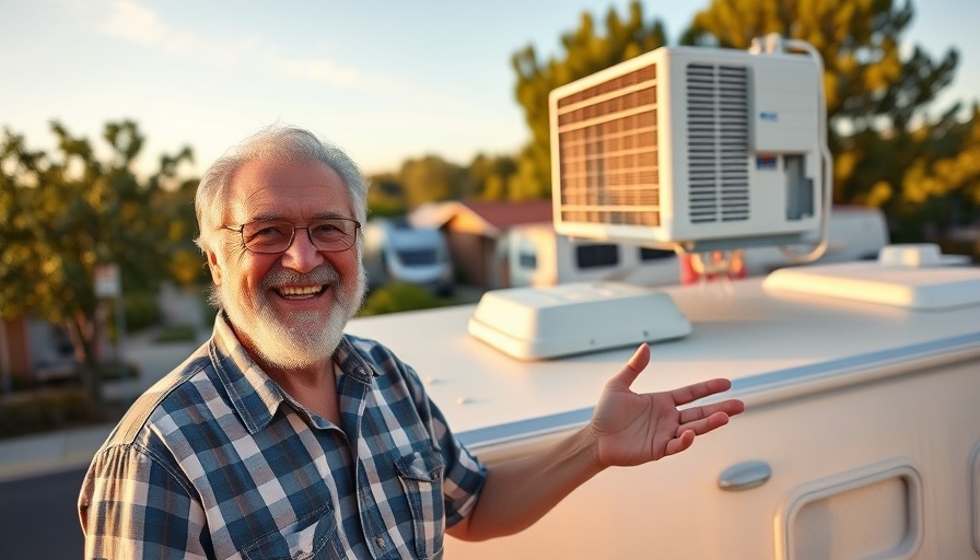 Man showcasing new RV air conditioner.