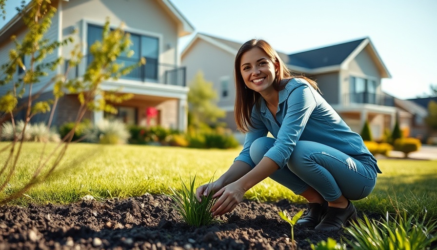 Smiling woman planting rain garden in front of suburban home.