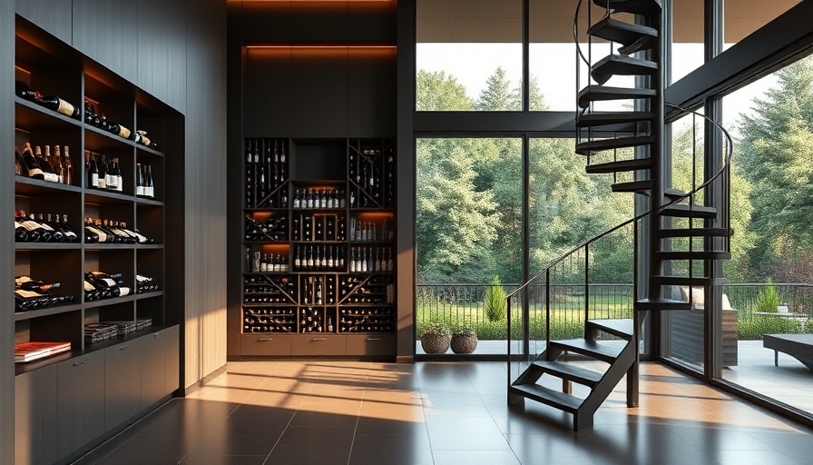 Modern home interior showcasing luxury wine storage and spiral stair in a spacious setting.