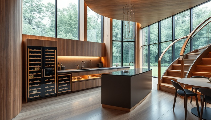 Modern kitchen remodel with wine storage and staircase.