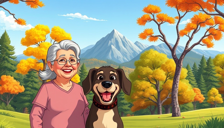 Cartoon of couple and dog promoting RV lifestyle in park.