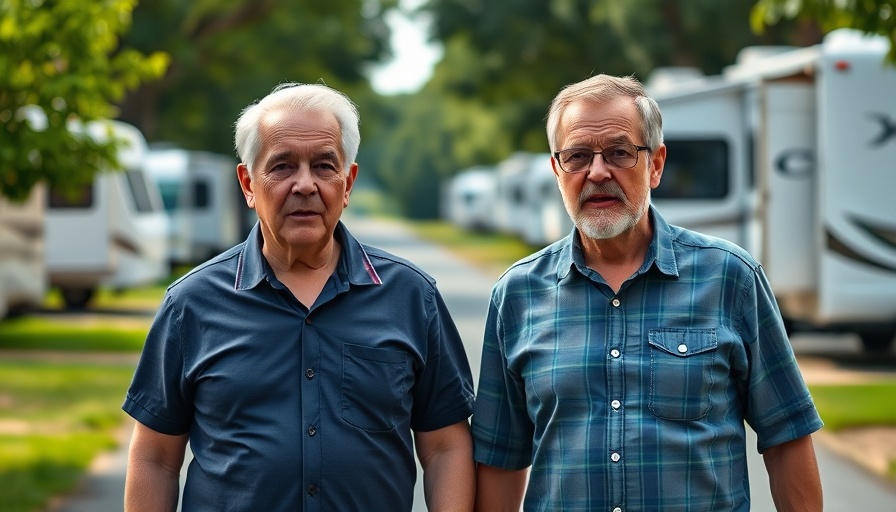 Middle-aged couple experiencing unexpected RV life adventure at a park.