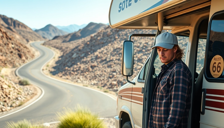 Man checking RV on Route 66, scenic background.