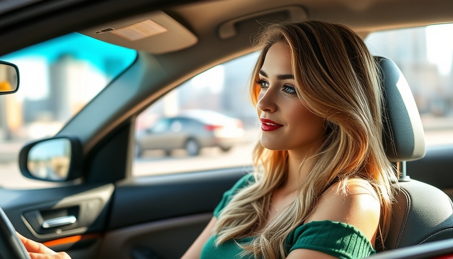 Blonde woman in car during RV drive days, casually relaxed.