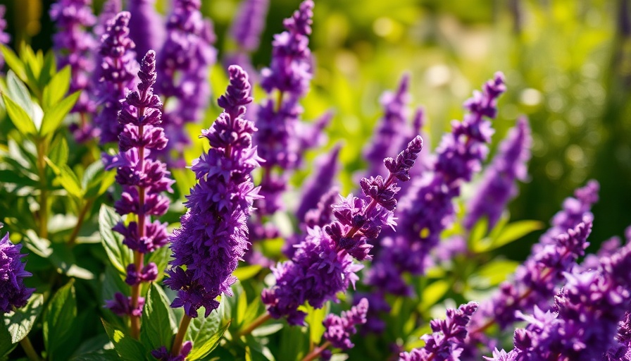 Vibrant purple deer-resistant perennials with lush foliage in sunlight.
