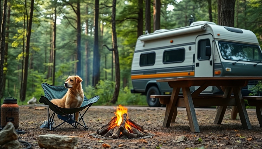 Dog camping by fire in a tranquil outdoor setting.