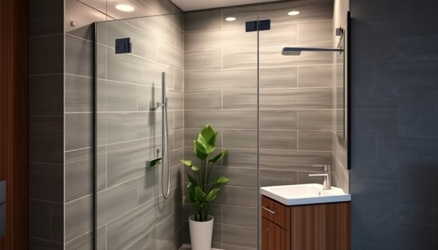 Stylish shower with tiles and wood accents for bathroom design.